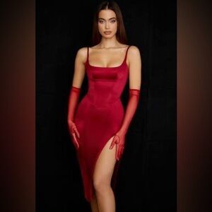 House of CB casmira Red satin midi dress with corset top regular cup